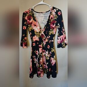 Floral Wrap 3/4 Sleeve Short Skater Dress